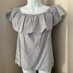 Merona Blue and White Striped Ruffle Blouse
